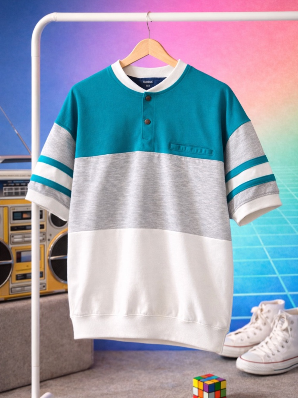 Vintage Colorblock Sweatshirt Snap Henley Teal Gray Retro Unisex Large
